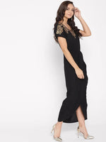 Gold Block Print Front Pleated side cowl dress in Black