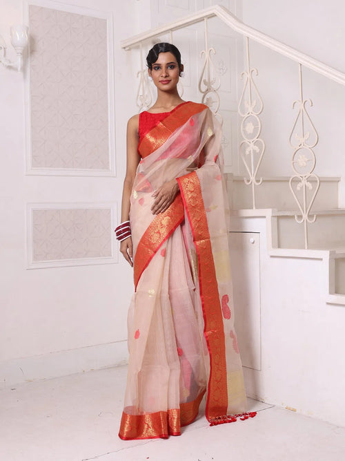 Beige Muslin Saree With Zari Woven Nakshi Borders-MA62MS331980029