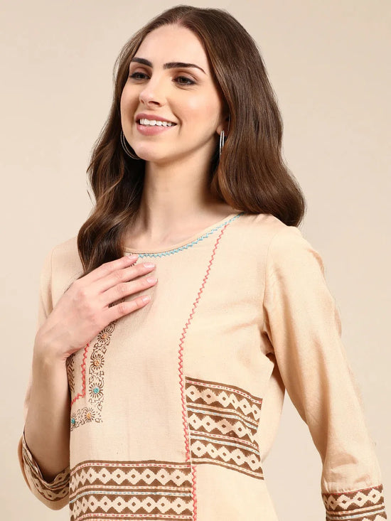 Women's Beige Printed A-Line Kurta-DW-9094-Beige