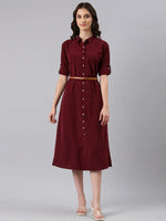 Women Maroon Striped Shirt Dress-DF-4788-Maroon