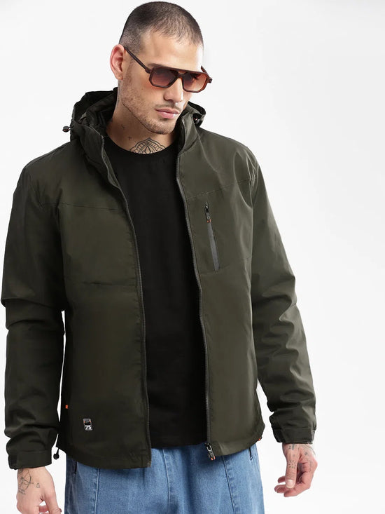 Men Hooded Olive Solid Tailored Oversized Jacket comes with Detachable Hoodie and Inner Jacket-7552-Olive