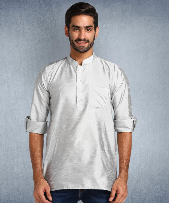 Hangup Men Standard Solid Men's Indian Wear-Grey_Dupion_Patch_Short2Kurta