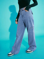 Girls Blue Acid Wash Side Pocket Wide Leg Jeans