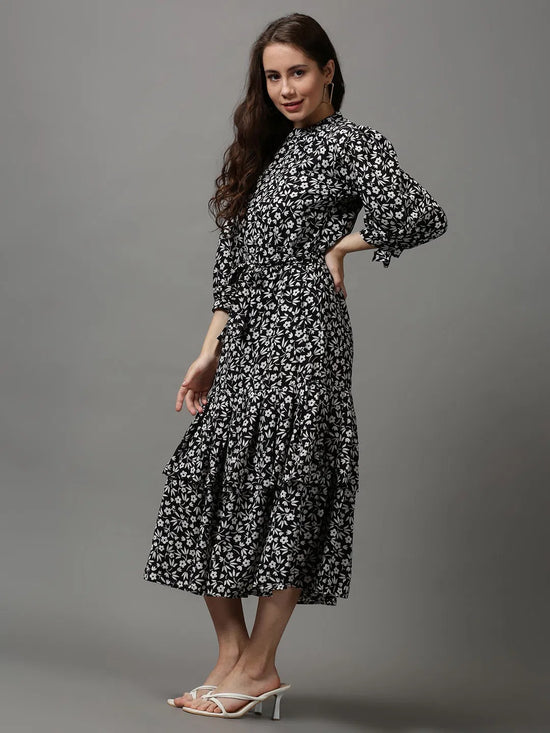 Women's Black Printed Drop-Waist Dress-AE-15621-Black