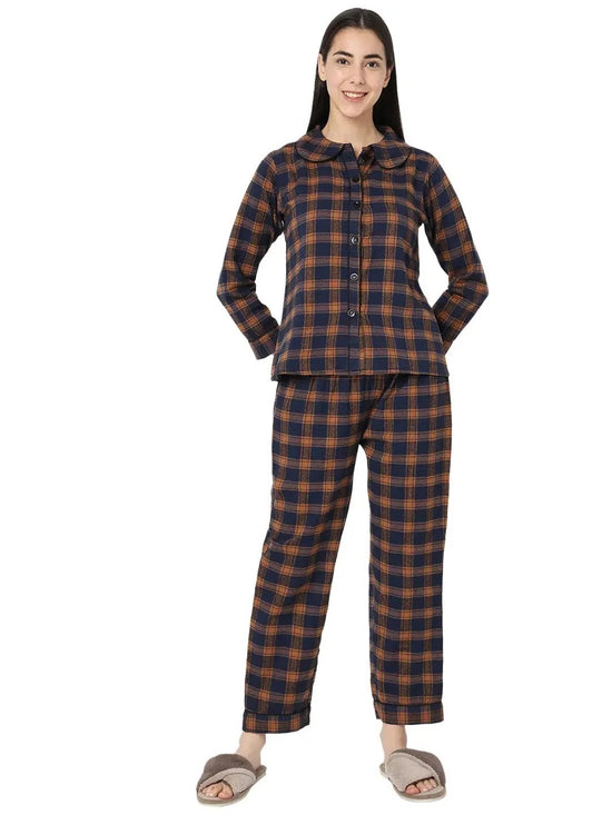 Smarty Pants Women's Brush Cotton Brown Color Checks Night Suit