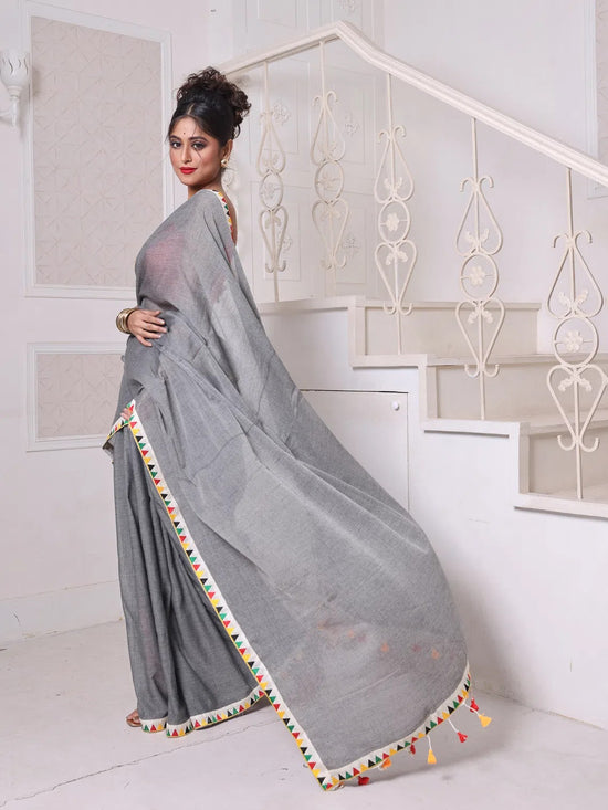 Grey Mulmul Cotton Soft Saree With Patch Work Borders-MA62MCT33830020