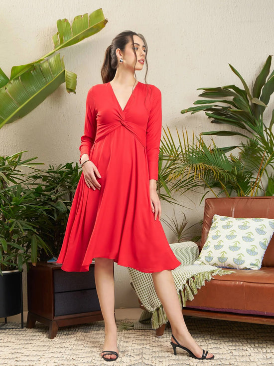 Women Red Front Twisted Midi Dress