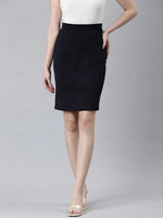 Women Navy Blue Solid Pencil Skirt-AE-10609-Navyblue