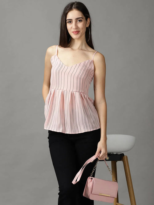 Women's Pink Striped Peplum Top-AE-10463-Pink