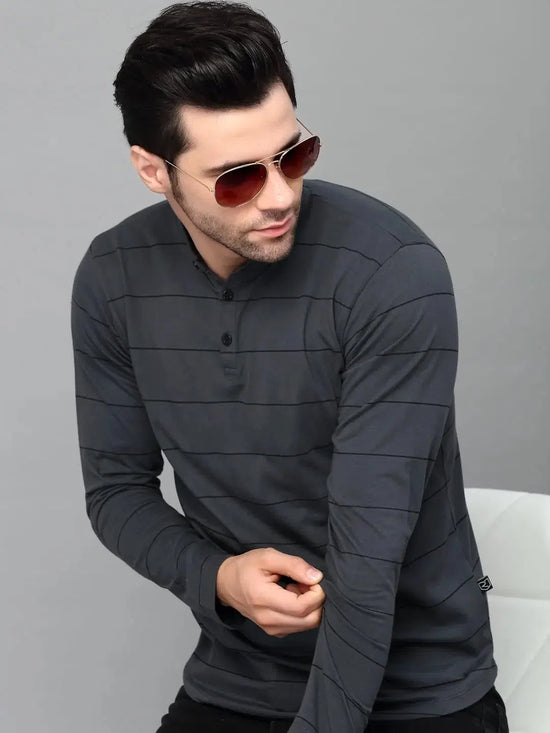 Rigo Striped Henley Neck Full Sleeve T-Shirt-HT07221143-L