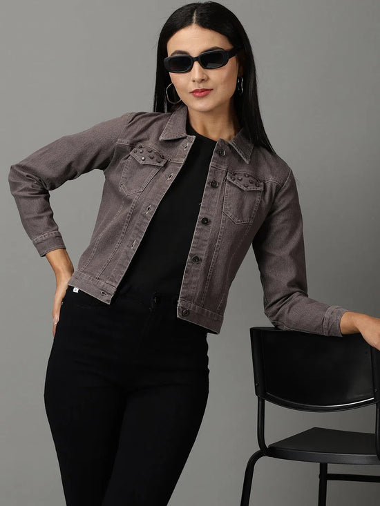 Women's Grey Solid Denim Jacket-AE-9512-1-Grey