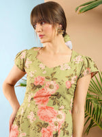 Women Olive Floral Sweet Heart-Neck Midi Dress