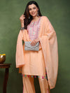 Ahika Women Peach Viscose Rayon Solid Yoke Design Straight Kurta Trouser With Dupatta