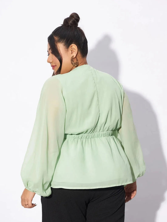 Women Mint Green V-Neck Peplum Top