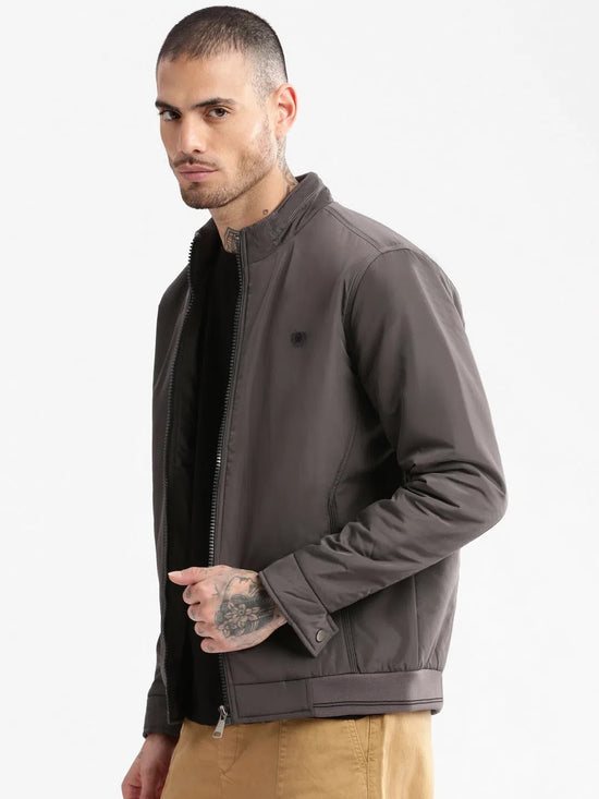 Men Mock Collar Grey Solid Bomber Jacket-ZD-3202-Grey