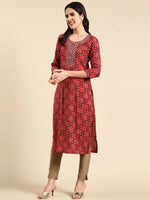 Women's Maroon Printed Straight Kurta-AT-A805-Maroon