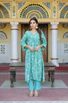 Vaasva Women Aqua Muslin Pleated Kurta & Pant Clothing Set