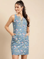 Mini Printed shift dress with big pocket detail in Light Blue Print