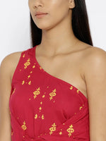 One shoulder overlap cross tie Printed Dress in Red