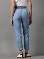 Women's Blue Solid Boyfriend Fit Denim Jeans-GZ-5327-Blue