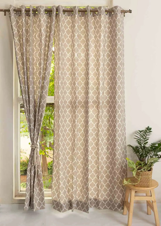 Reverse Trellis 100% cotton geometric curtain for bed room - Room darkening - Walnut Grey - Pack of 1-230422075