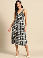 Corset Top Midi Dress in Black and Cream Ikkat Print