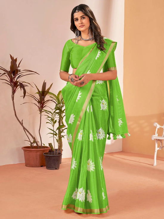 Saree Mall Women's Cotton Slub Light Green Printed Designer Saree With Blouse Piece-NAVYA124