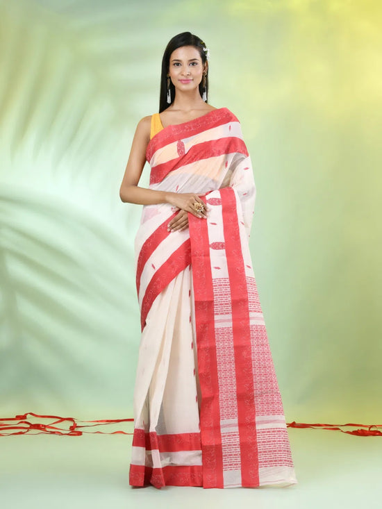 Off White Handwoven Cotton Saree With Ethnic Patterns-MA66CT431600019