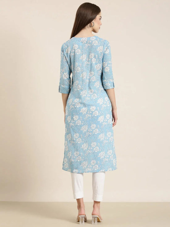 Women Blue Floral Straight Kurta-ON-0046-Blue