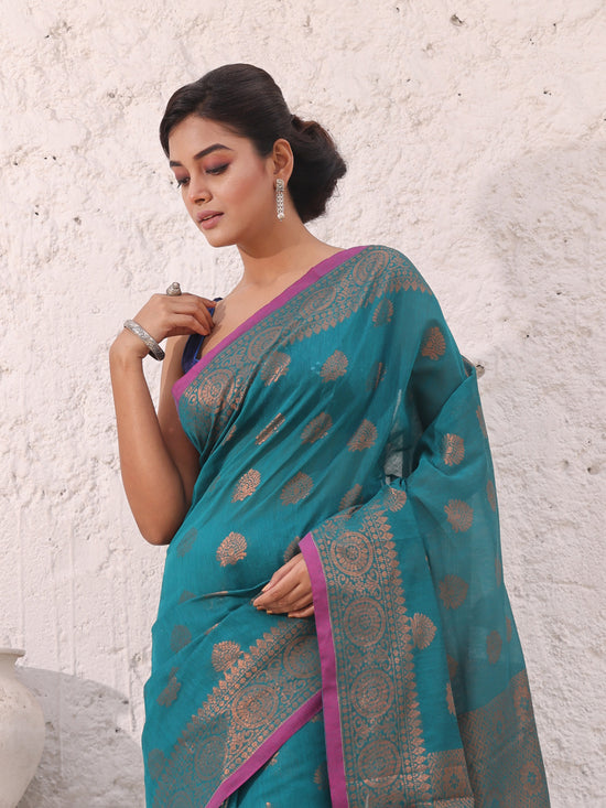 Teal Cotton Saree With Damask Motifs And Zari Border-MA54BCT04940053