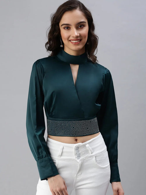 Women's Green Embellished Crop Top-SP-5822-Green