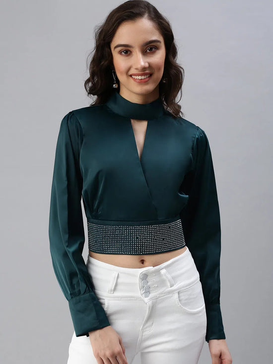 Women's Green Embellished Crop Top-SP-5822-Green