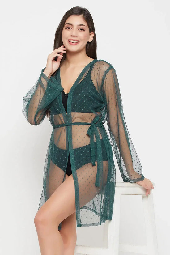 Clovia Chic Basic Sheer Robe in Green