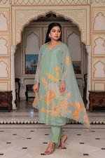 Vaasva Women Teal Green Tabby Slik Print & Embroidered Kurta, Pant & Dupatta set