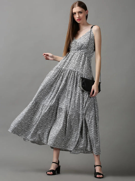 Women's Grey Printed Fit and Flare Dress-AE-15667-Grey