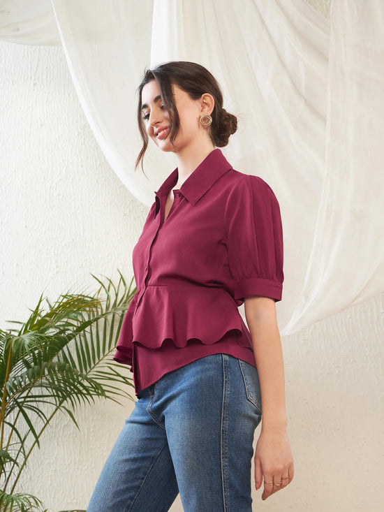 Women Maroon Frill Detail Shirt Style Blouse