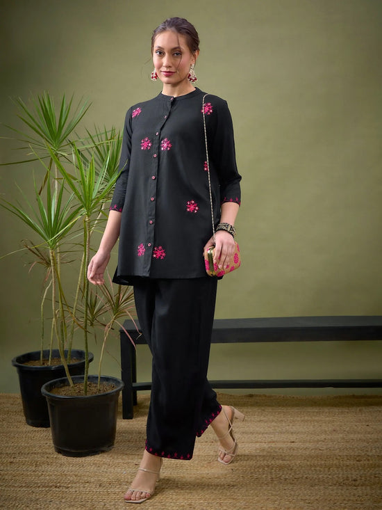 Women Black All Over Embroidered Shirt With Palazzos