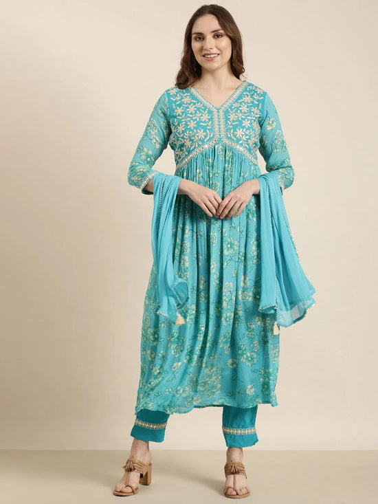 Women Anarkali Blue Floral Kurta and Trousers Set Comes With Dupatta-AT-A1376-KPD-Blue