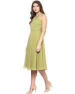 Green Coloured Solid Skater Dress in Olive Green