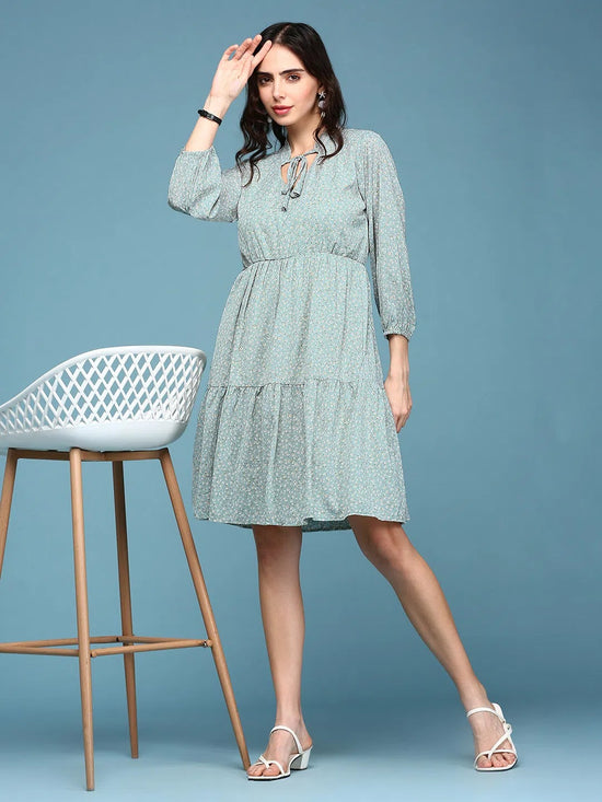 Women's Sea Green Printed Fit and Flare Dress-AE-15713-Seagreen