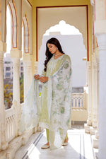 Vaasva Women Pista Green Linen Printed Kurta, Pant & Dupatta set