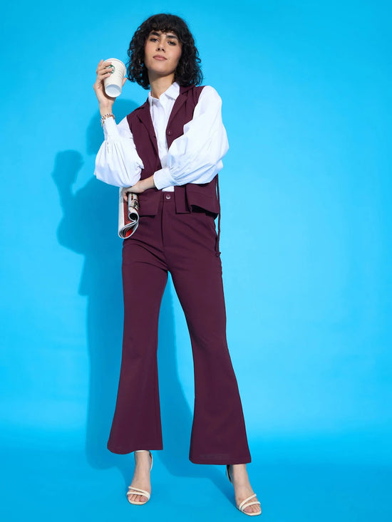 Women Burgundy Sleeveless Tie-Up Blazer With Bell Bottom Pants