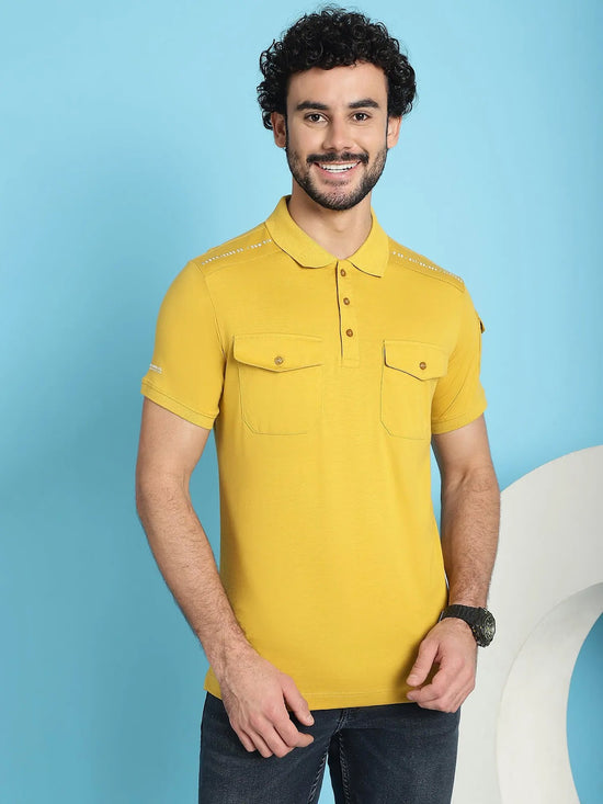 Venitian Men Double Mercerised 3 Pocket Cargo Yellow Polo Neck T-Shirt for Men