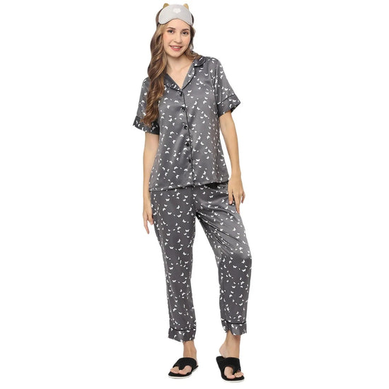 Smarty Pants Women's Silk Satin Grey Color Butterfly Print Night Suit