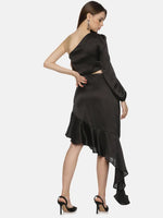 Solid Black One Shoulder Asymmetrical Dress-17303