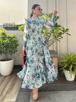 Green Smocking sleeve Tiered Midaxi Dress-17181