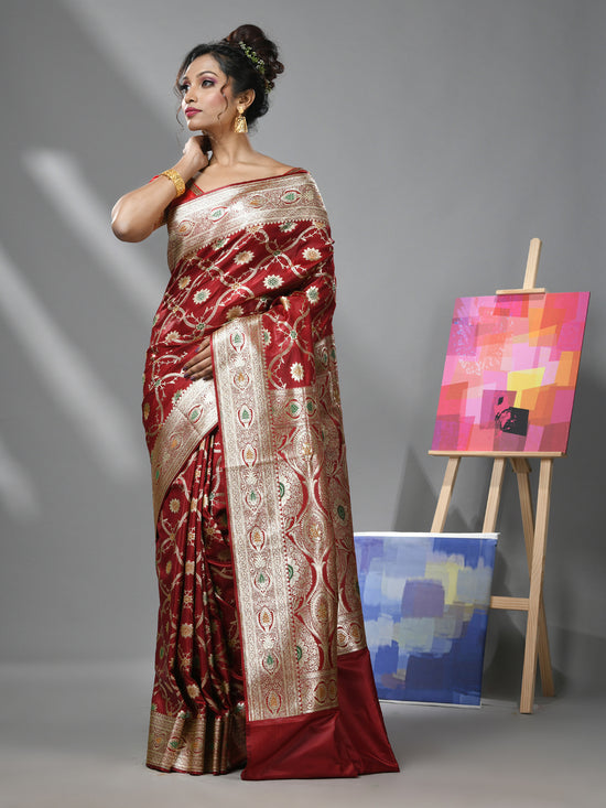 Dark Red Silk Banarasi Saree With Meenakari Designs-MA52BSL44880087