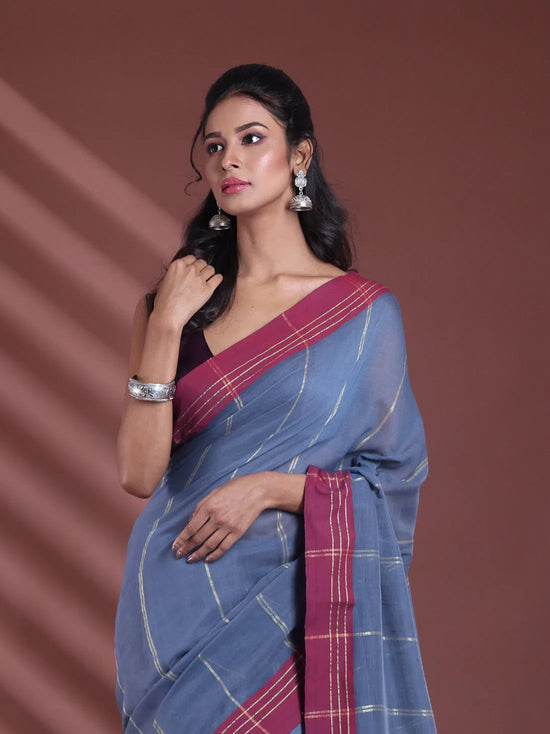 Grey Pure Cotton Soft Saree With  Stripe Pattern-MA59CT06530073