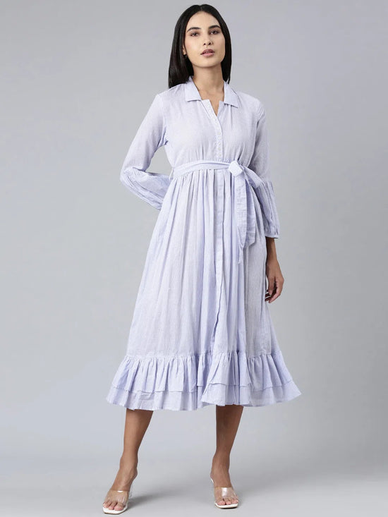 Women Blue Striped Fit and Flare Dress-ON-008-Blue