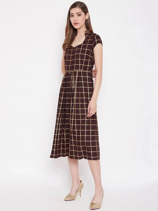 Midi Flare Dress with front loops in Brown